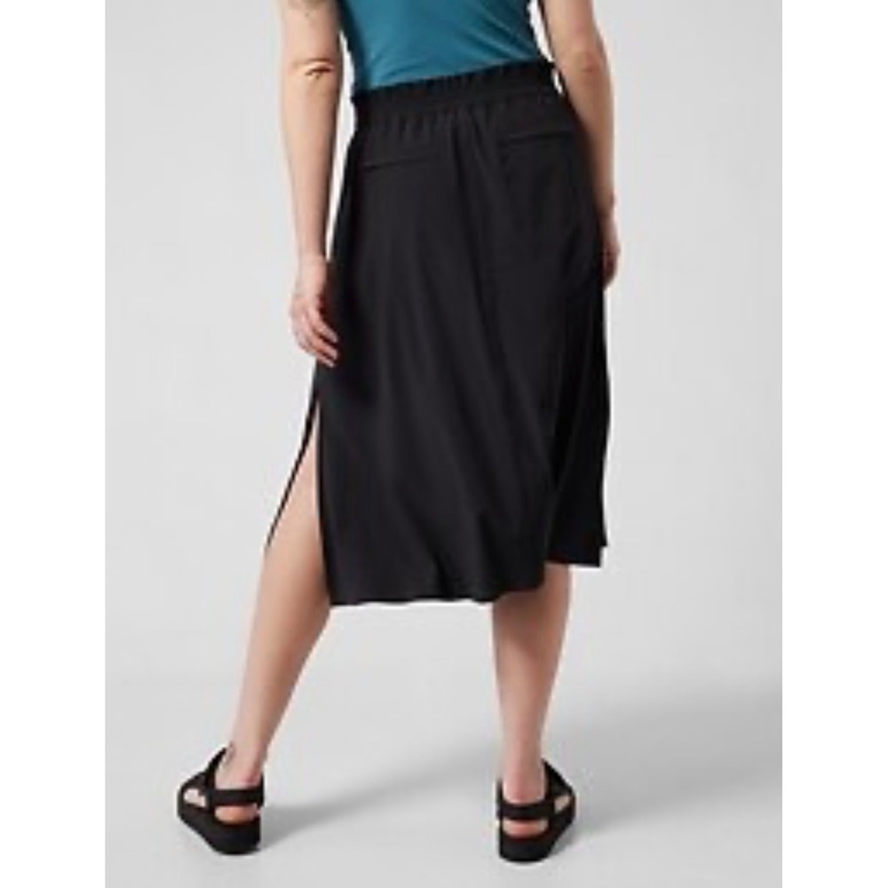 Athleta Savannah Skirt Black Smocked Paperbag Waist Midi Side Slits Womens XS - Picture 2 of 9